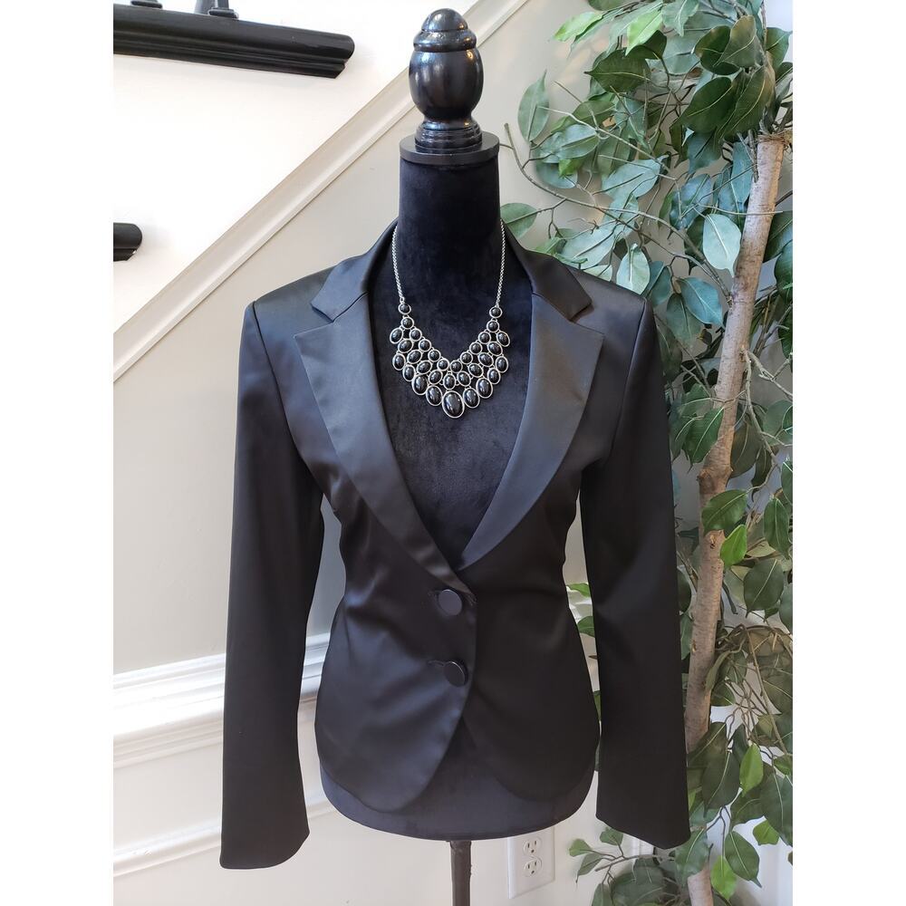 Express Design Blazer Jacket Women's 10 Black Leopard Print Lined Notch Lapel